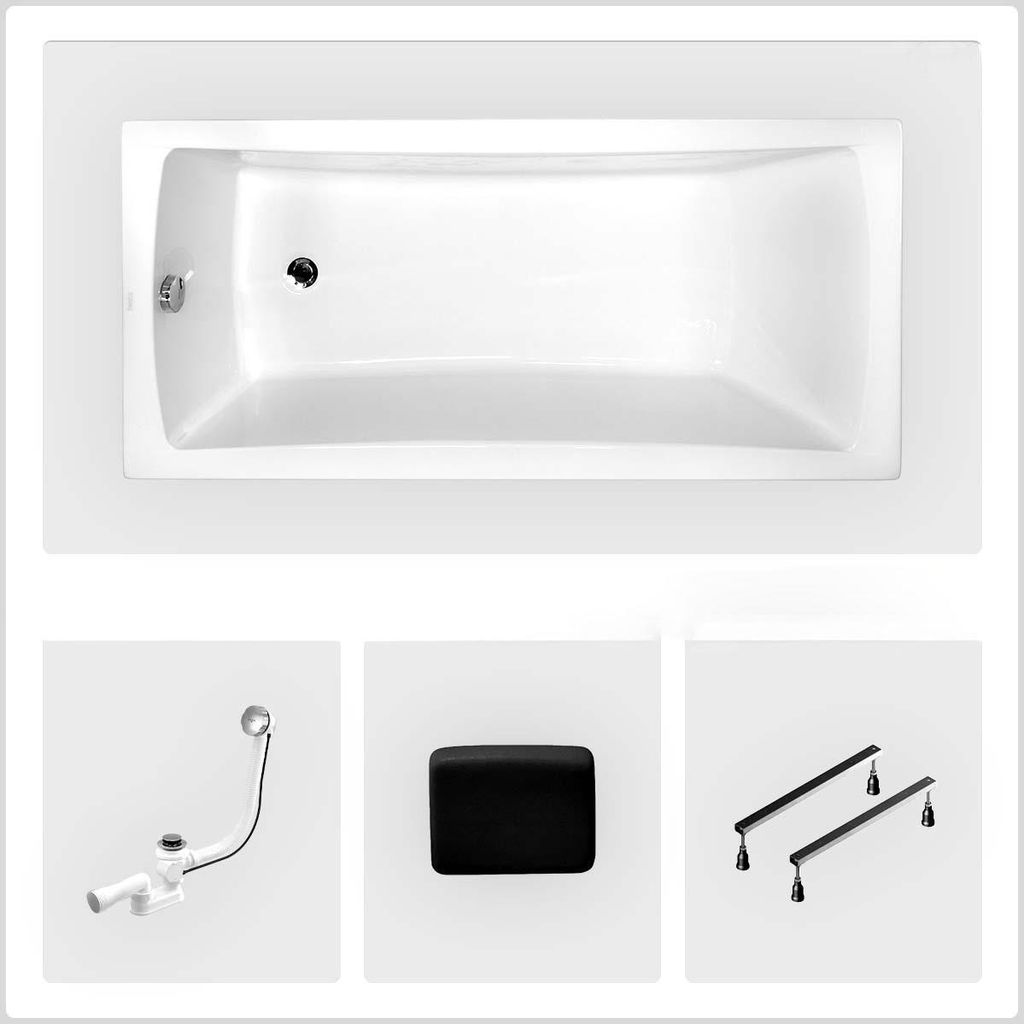 Rechteckige Badewanne - 150 x 70 cm - ohne Verkleidung - mit Füßen - Kopfstütze - Chromablauf - OPTIMA