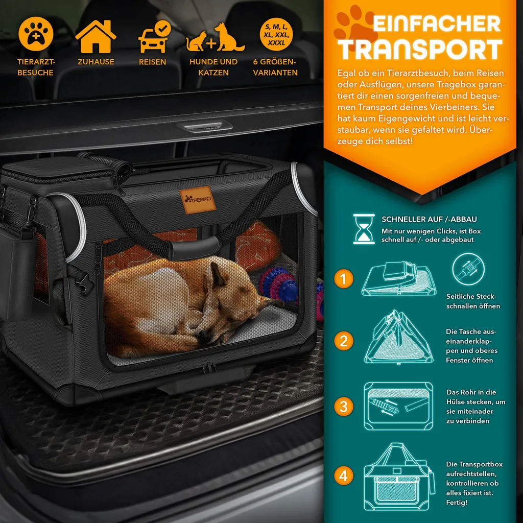TRESKO® cassa per cani pieghevole nera (XXL 92x63x63cm) incl. tappetino per leccare, spatola e catarifrangenti | box di trasporto per cani e gatti | box di trasporto per cani di piccola e grande taglia | robusta borsa per cani - 6