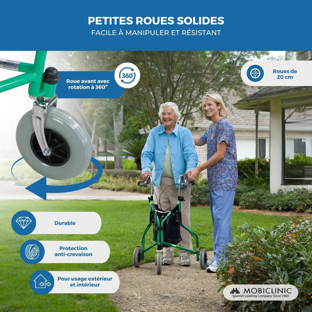 Déambulateur étroit 3 roues pour petits espaces et courses acier vert