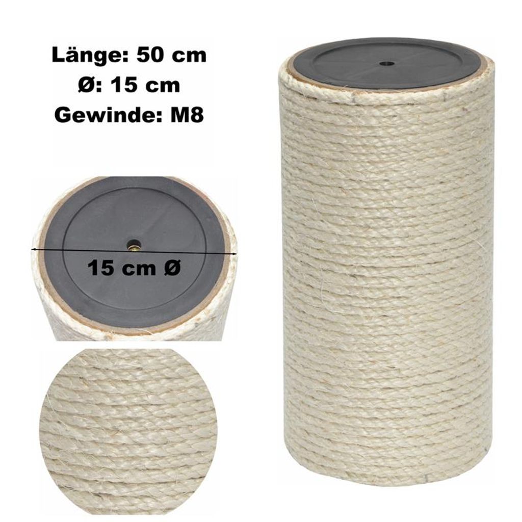 A sisal scratching post for cats, shown with dimensions and a close-up detail.