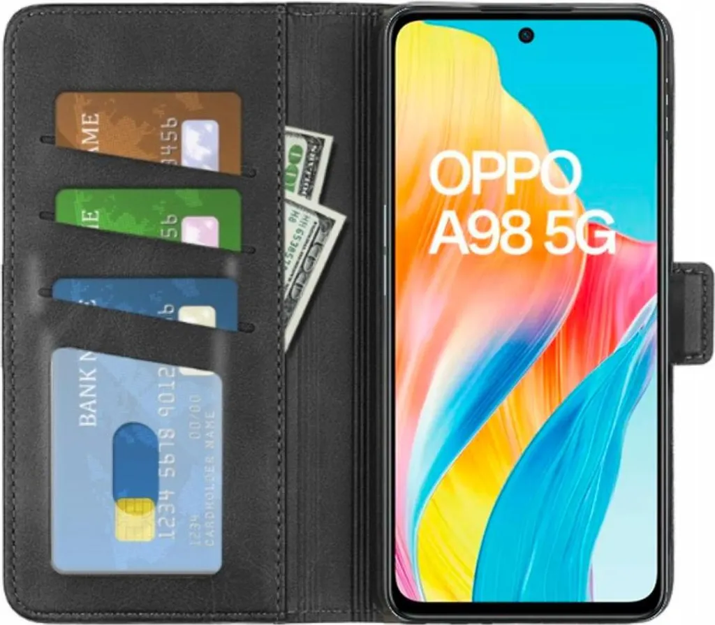 Oppo A98 Custodia a portafoglio nera, 2-in-1 in ecopelle