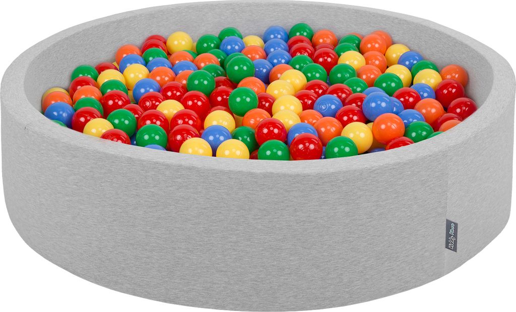 KiddyMoon Bällebad Kinder groß 120x30cm 600 Bunte Bälle ∅7cm - Baby Spielzeug ab 8 Monate - Plastikbälle für Bällebad Baby Zimmer - Hellgrau