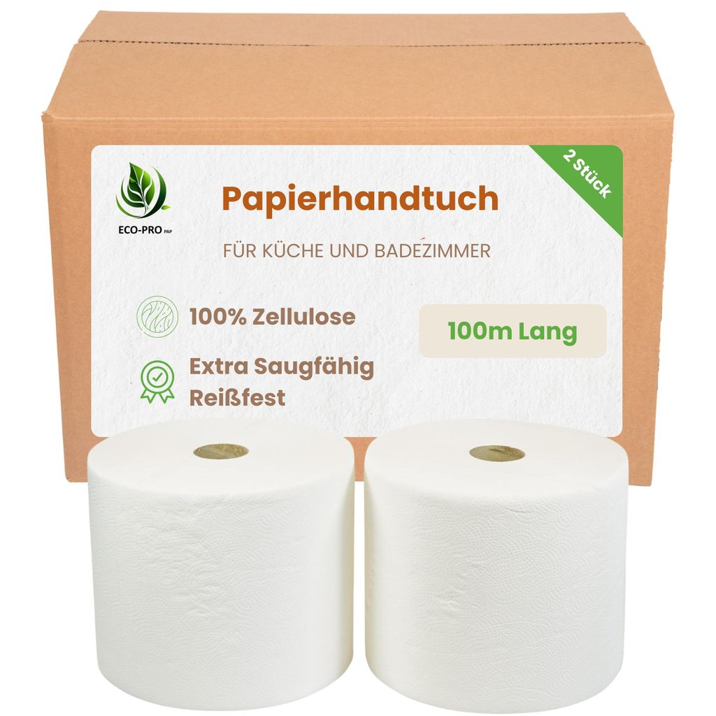 ECO - PRO PAP - Papierhandtuch 100 Meter lang, Papiertuch aus 100% Zellulose, Extra Saugfähig & Reißfest, Pappkern, für Küche und Badezimmer - ...