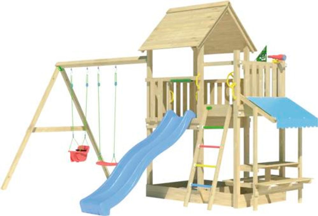 Doppelschaukel Spielhaus mit Stelzen Jungle Gym 476 x 306 cm Holz braun