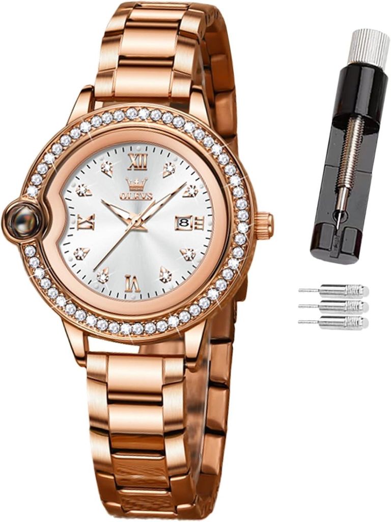 Watch Damen-Armbanduhr, kleines Handgelenk, Rotgold, Diamant-Zifferblatt, Quarzuhr, modisch, nachtleuchtend, wasserdicht, analoge Uhr für Frauen