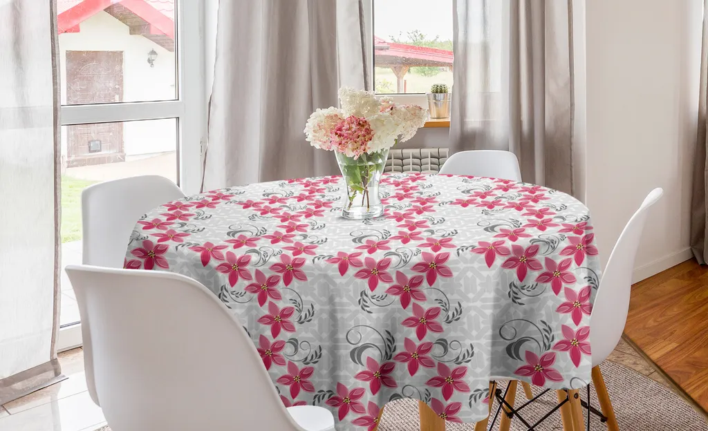 ABAKUHAUS Tovaglia rotonda con motivi floreali, decorazioni geometriche sul retro, tovaglia circolare per sala da pranzo e cucina, 150 cm, grigio scuro, rosa, giallo