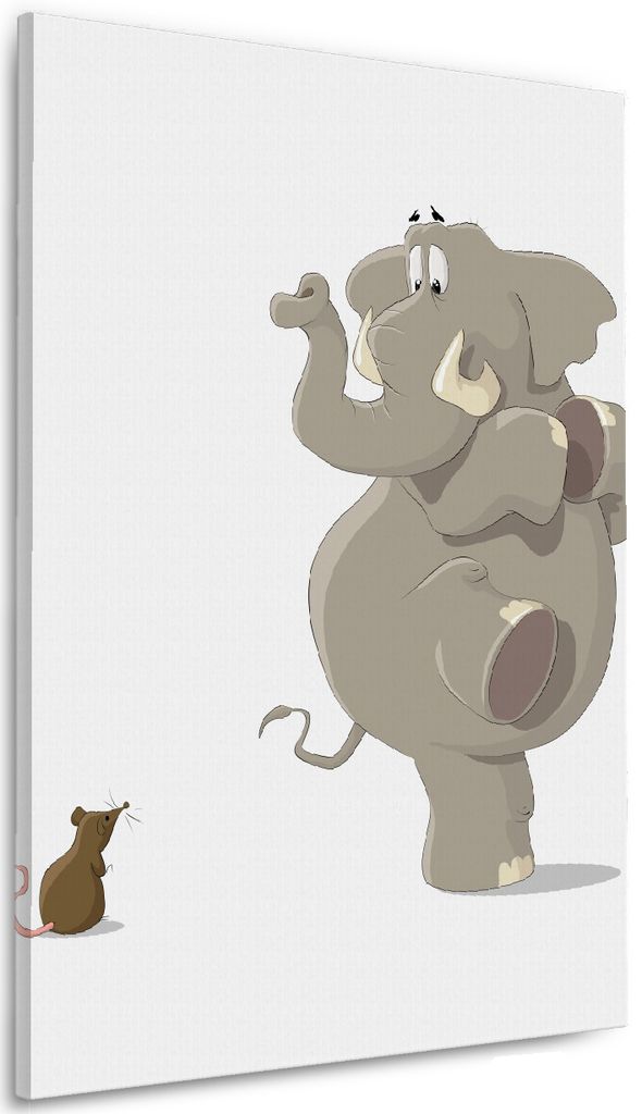 Wallario Premium Leinwandbild Elefant erschrickt vor Maus in Größe 60 x 90 cm