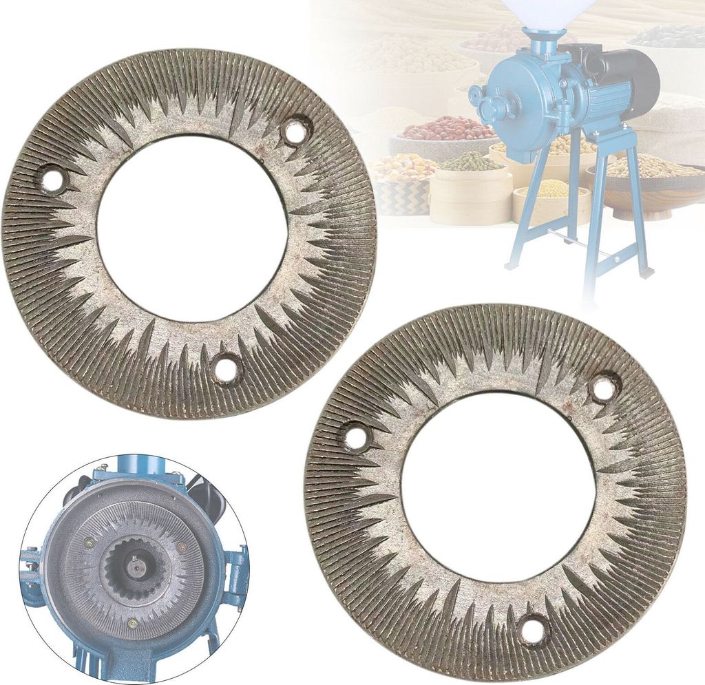 A collage of images showing grinding discs for an electric grain mill, with a partial view of the mill itself and a background of various grains.