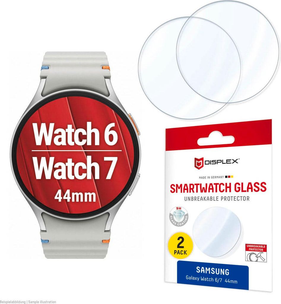 Displex 9H Schutzfolie Galaxy Watch 7/6 (44mm), 2 Stück, ultradünn, randlos, Germany, Displayschutz, Smartwatch, Transparent, Samsung, Galaxy Wa...