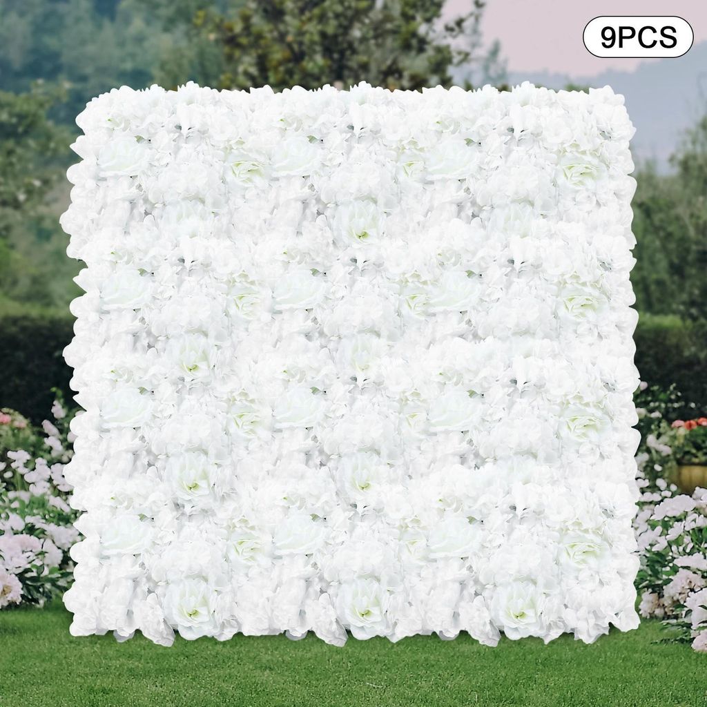 Blumenwand aus Kunstblumen - Wandpaneel-Set 9 Stück 40x60 cm - Seiden-Dahlie, Rose & Hortensie - Hochzeits-Hintergrund - Handgefertigt - Außen - ...