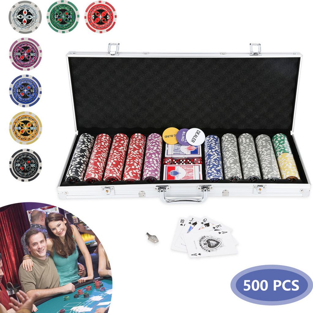 Hengda 500 Pokerchips Pokerkoffer Pokerset Poker Set mit Aluminiumkoffer Silber