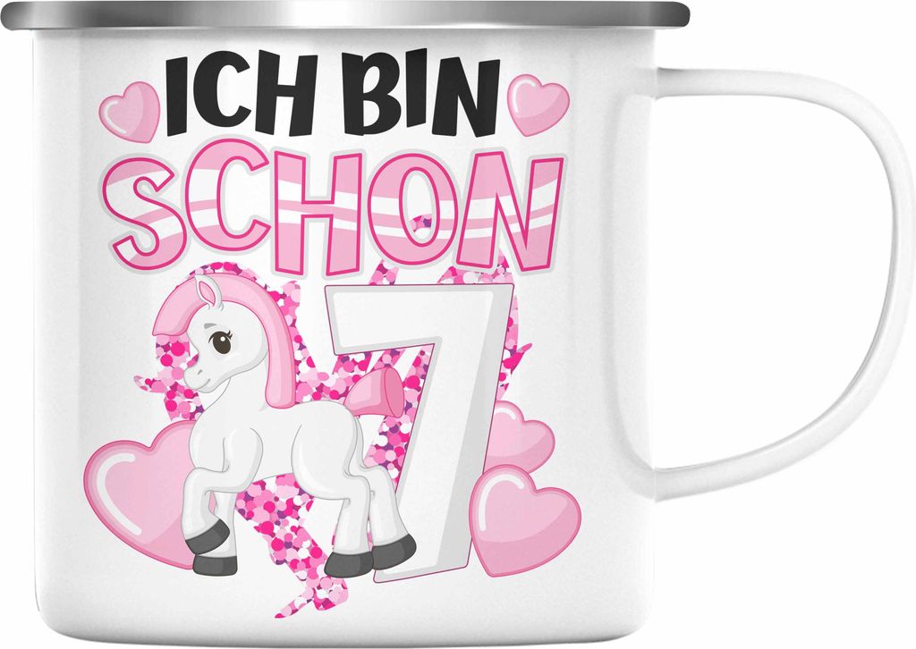 Trendation - 7. Geburtstag Mädchen Emaille Tasse Pferde Reiterin 7er Geburtstag Tochter Geschenkidee Kindergeburtstag 7 Jahre Alt (Silber)