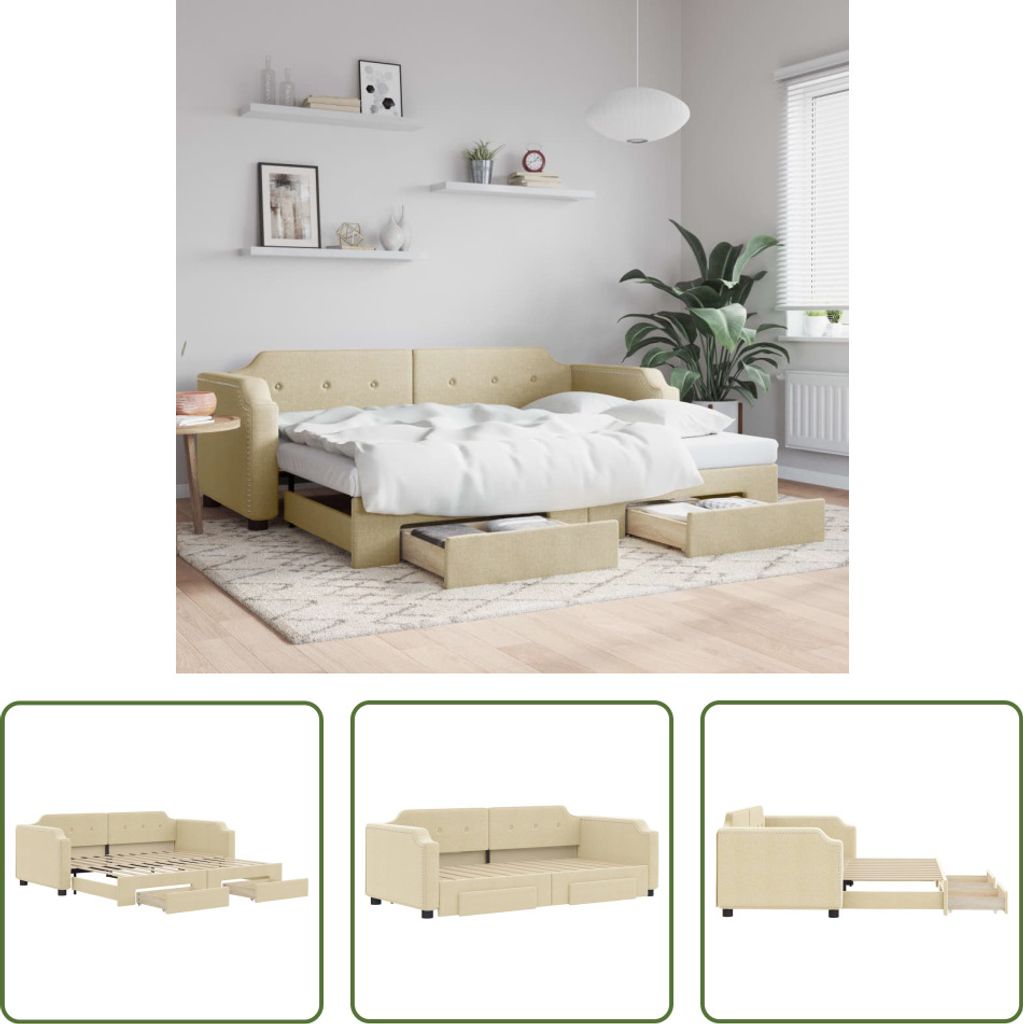 The Living Store Tagesbett Ausziehbar mit Schubladen Creme 90x200 cm Stoff