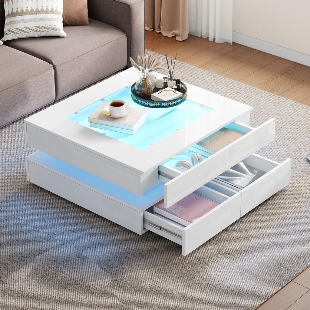 OKWISH Table Basse Carrée avec 3 Tiroirs et Éclairage LED, Image du produit 