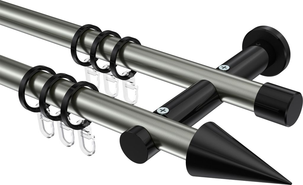 Interdeco Gardinenstange / Vorhangstange Edelstahl-Optik / Schwarz, Typ Platon Savio (Kegel), 20 mm Ø 2-läufig, 260 cm