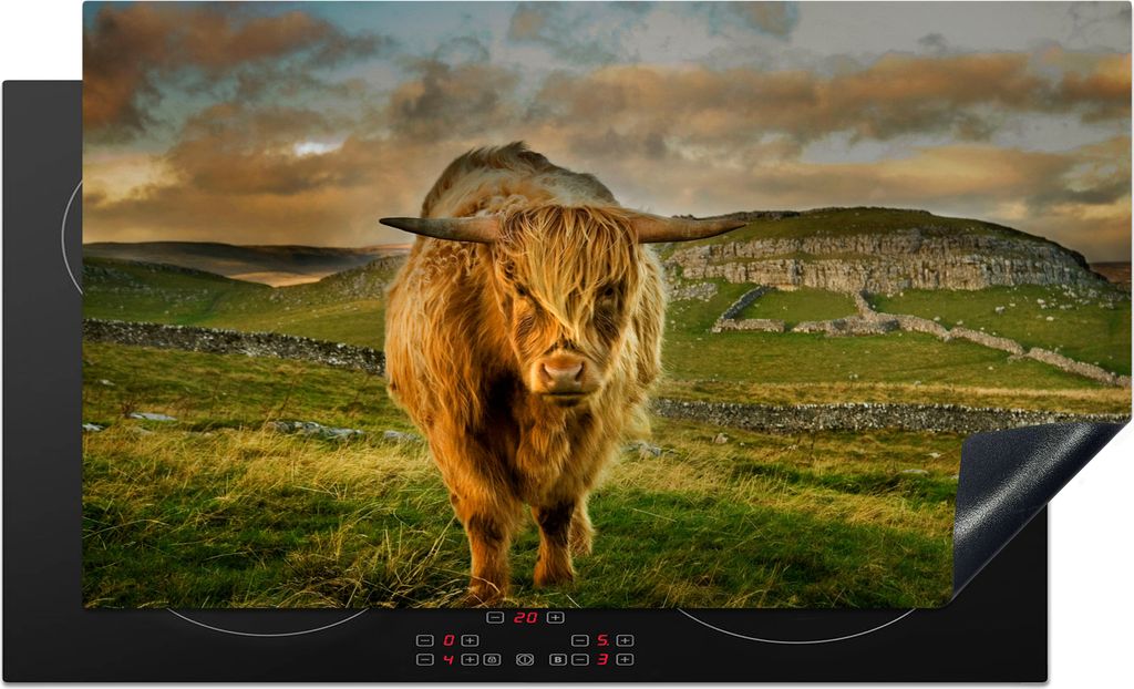 KitchenYeah Herdabdeckplatte Schottischer Highlander - Gras - Berg , 89x51cm, Küche Deko, Glaskeramikfeld Herdabdeckung, Abdeckplatte fùr Kochfeld