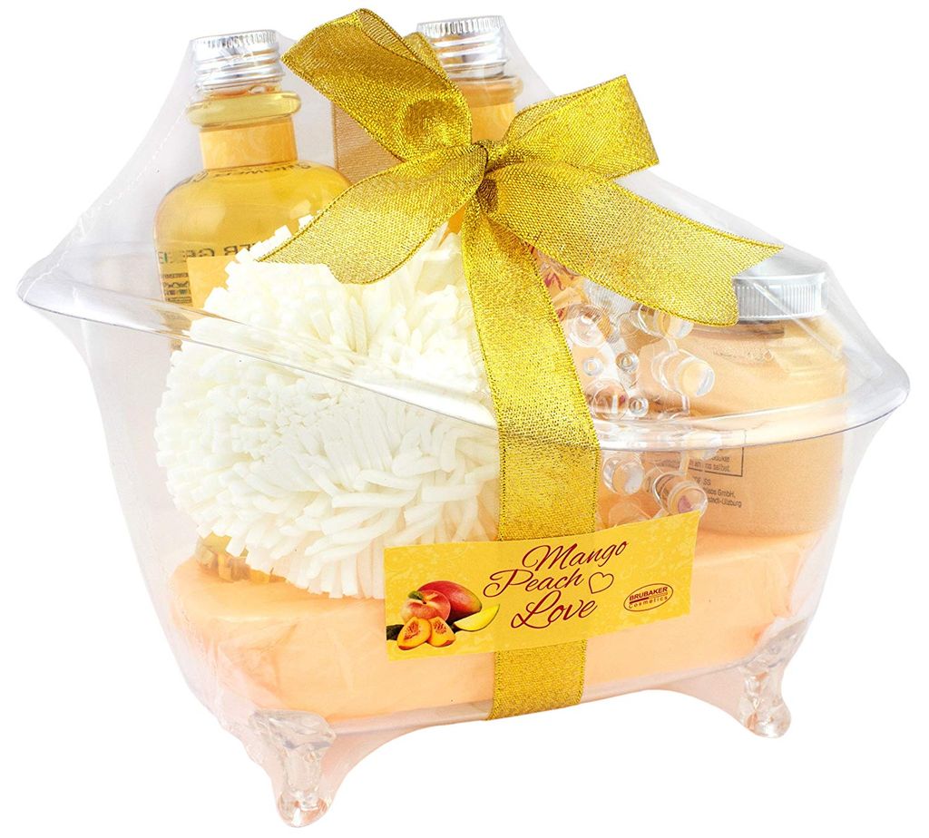 BRUBAKER Mango Peach Love Bade-Geschenkset mit Wanne aus Acryl 6-teilig