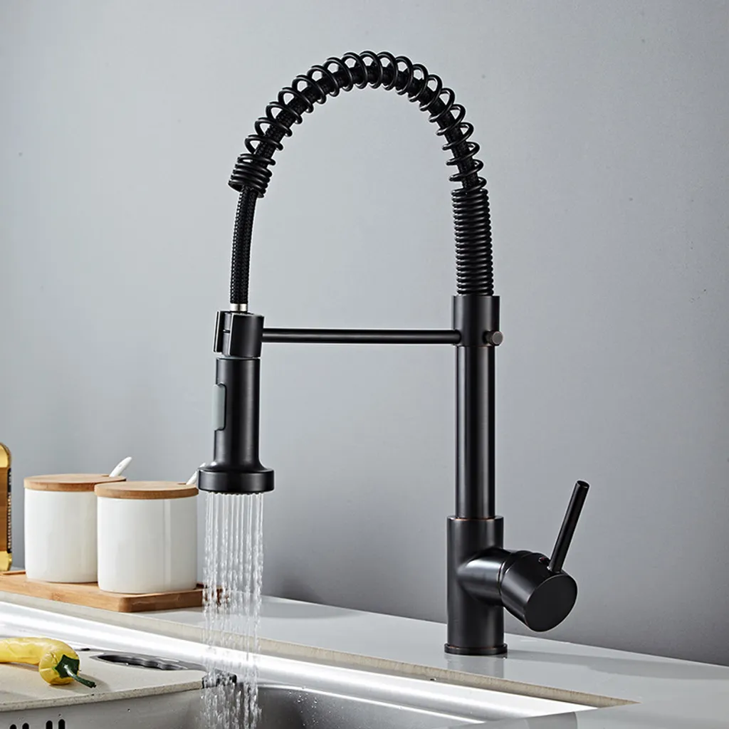 Rubinetto da cucina estraibile, miscelatore da cucina con molla a spirale a 360°, rubinetto da cucina, spray a due funzioni, nero,