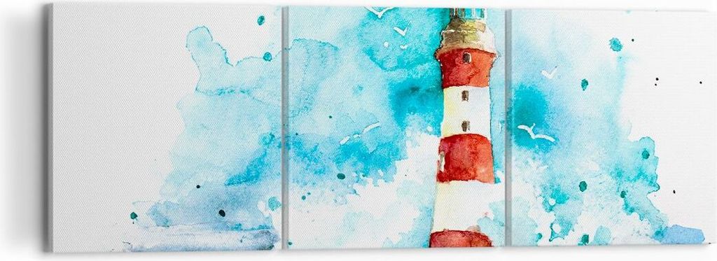 Bild auf Leinwand - Leinwandbild - Leuchtturm Wasser Illustration Welle - 120x40cm - Wand Bild - Wanddeko - Leinwanddruck - Bilder - Kunstdruck - L...
