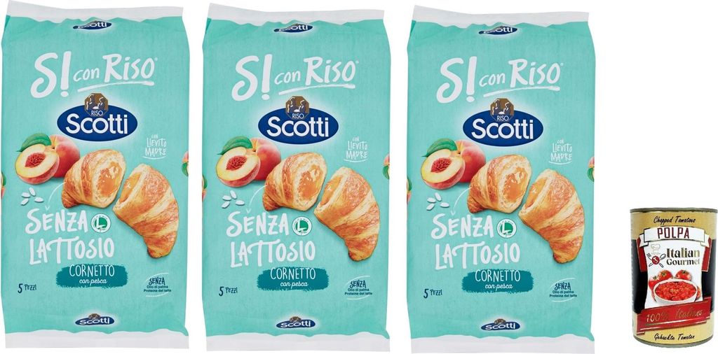 Si con Riso - Cornetti Senza Lattosio con Farcitura alla Pesca - Laktosefreie Croissants mit Pfirsichfüllung, ohne Laktose, Palmöl ohne, 3x 240g ...