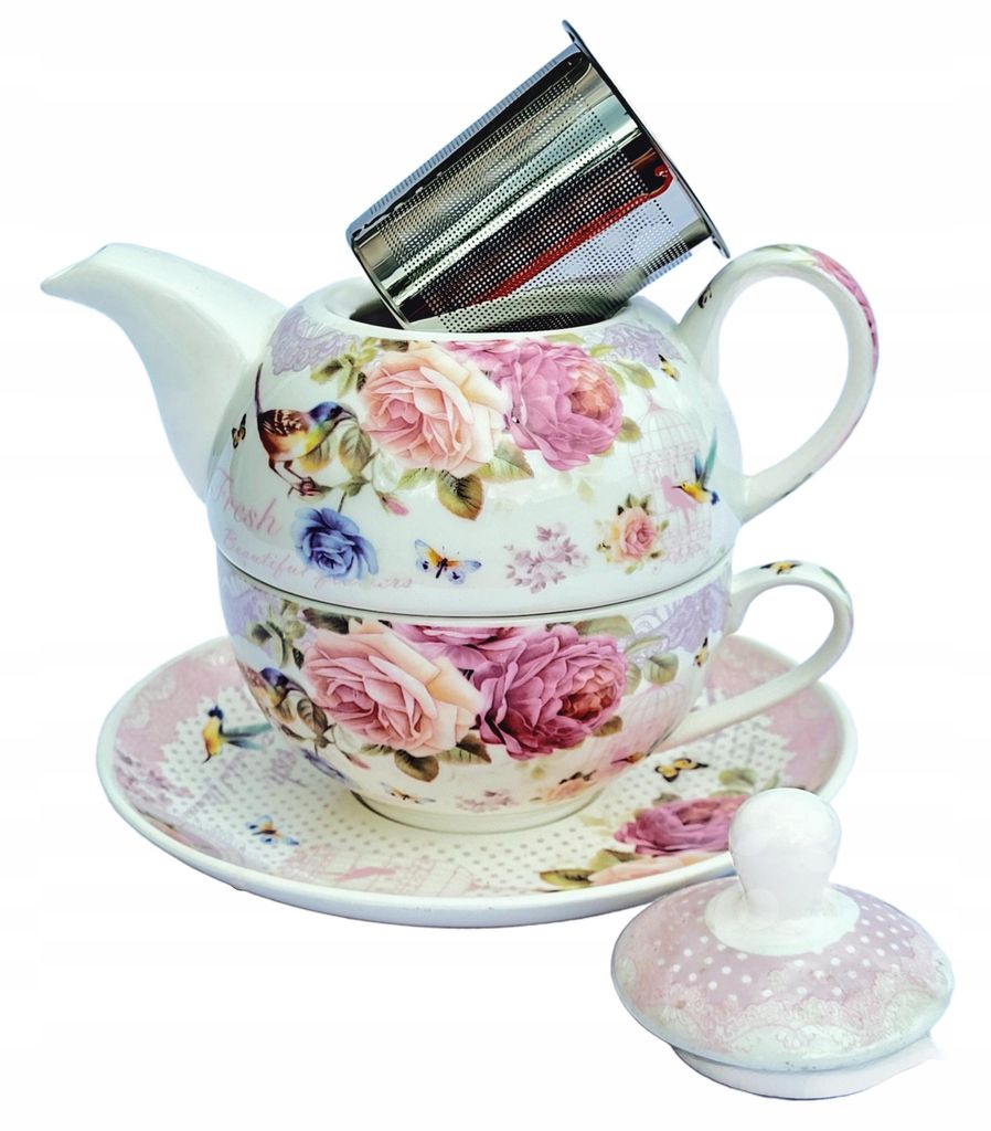 Tea for One Teeset Porzellan rosa mit Blumen und Vögeln 400 ml Teekanne 270 ml Tasse mit Sieb Geschenkbox