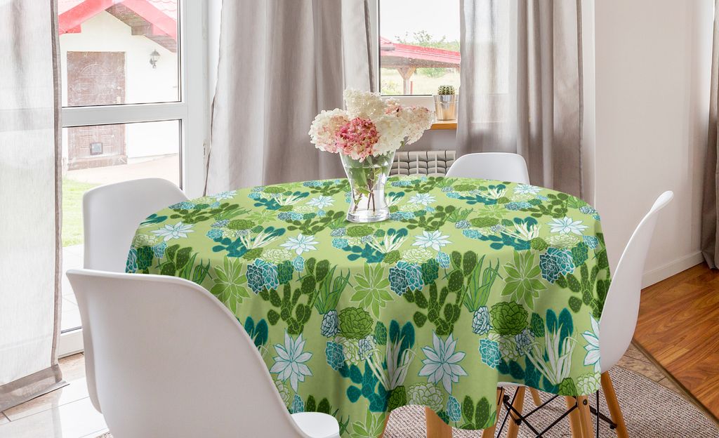 ABAKUHAUS Saftig Runde Tischdecke, Cactus Szene House Plants, Kreis Tischdecke Abdeckung für Esszimmer Küche Dekoration, 150 cm, Grün und Türkis