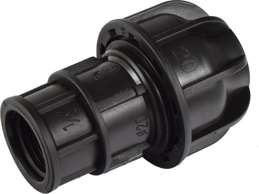 Agora-Tec PE-Fitting Kupplung 20 mm x 1/2 Zoll IG (18,7 mm) für PE-Rohr 20 mm SCHWARZ