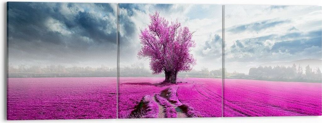 Bild auf Leinwand - Leinwandbild - Heidefeld Baum Wolken Landschaft - 150x50cm - Wand Bild - Wanddeko - Leinwanddruck - Bilder - Kunstdruck - Leinw...