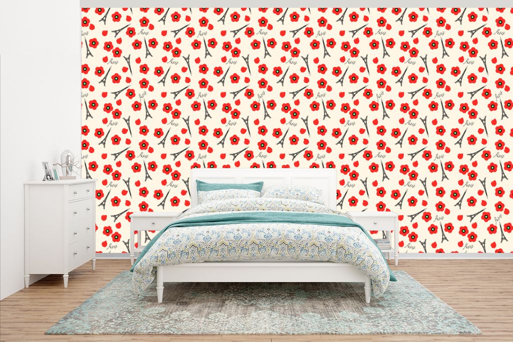 MuchoWow Fototapete für Wohnzimmer oder Schlafzimmer Wandtapete Vinyl Motivtapete Muster - Paris - Eiffelturm - Blumen - 500x280 cm - Fototapeten