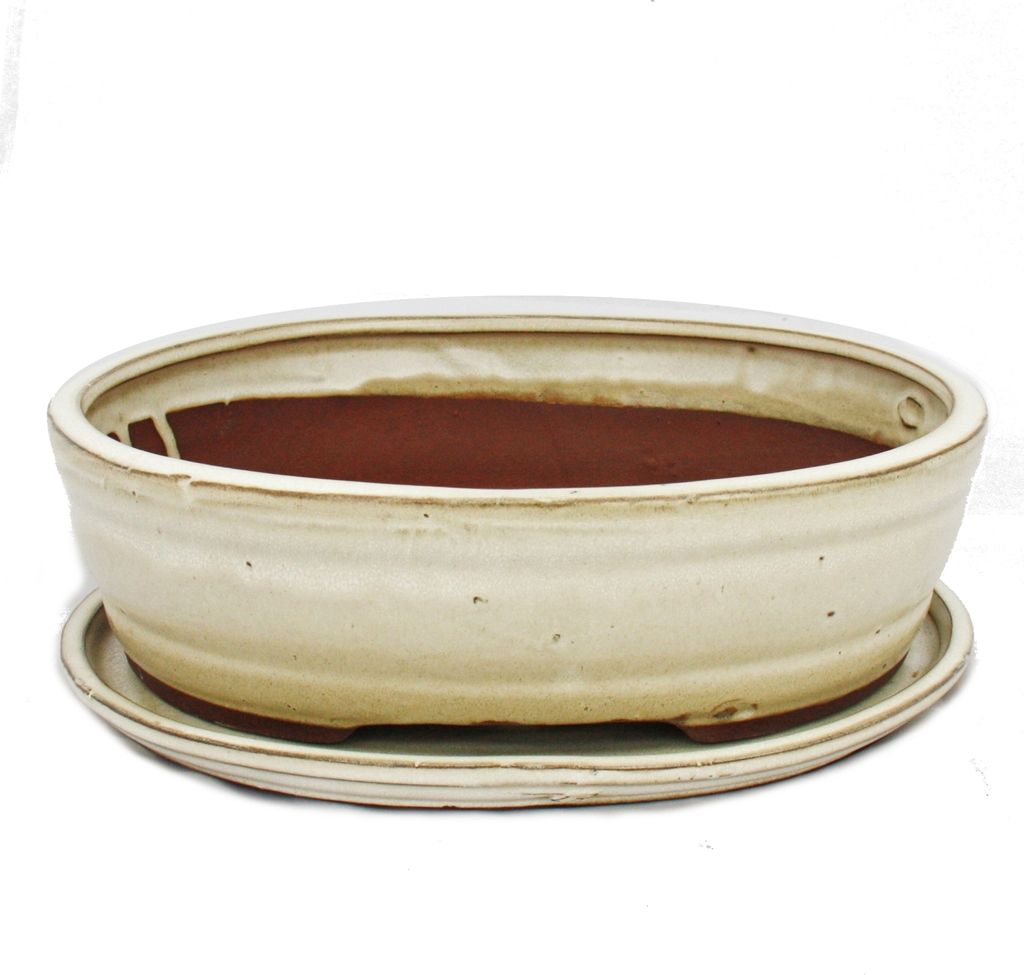 Bonsai-Schale mit Untersetzer, Größe 4 – oval, O7 – hellbeige – L 26 cm – B 21 cm – H 7,5 cm