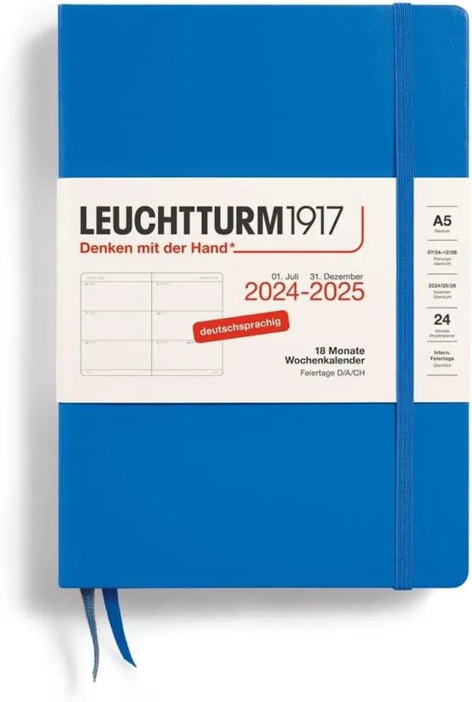Agenda hebdomadaire moyen 18 mois couverture rigide bleue format A5