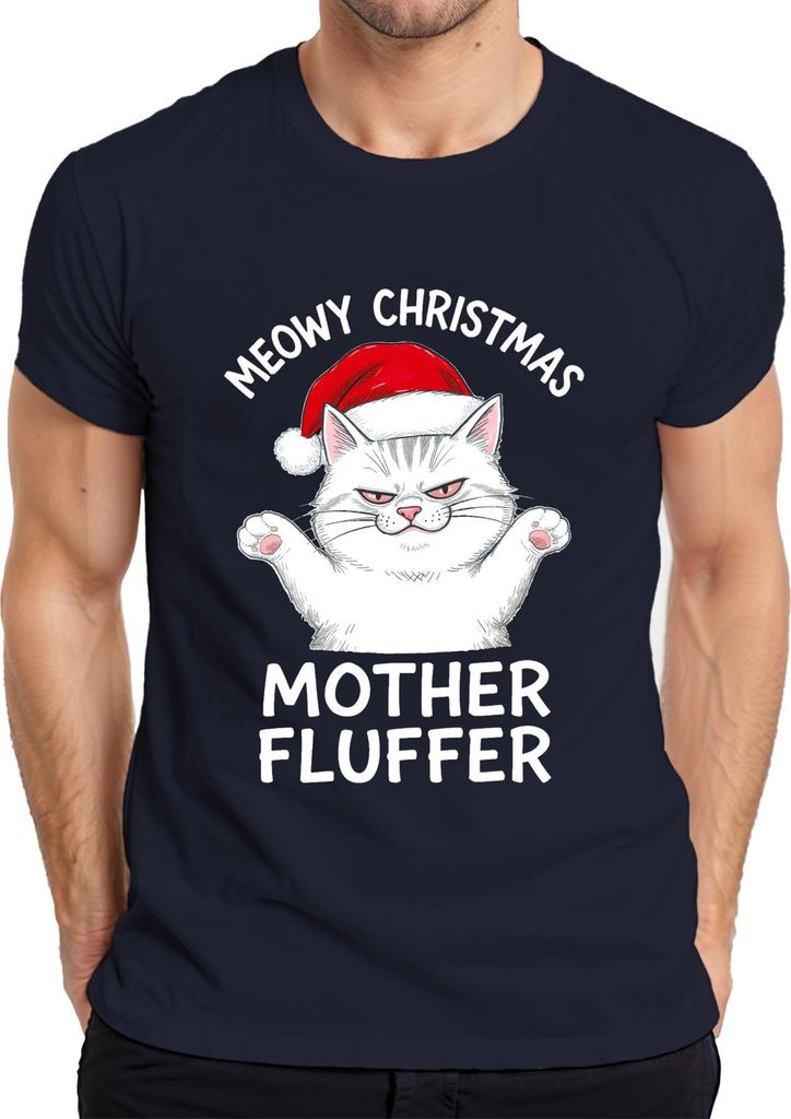 MEOWY CHRISTMAS MOTHER FLUFFER Weihnachten Katze Geschenk Lustig Herren T-Shirt, Navy, L
