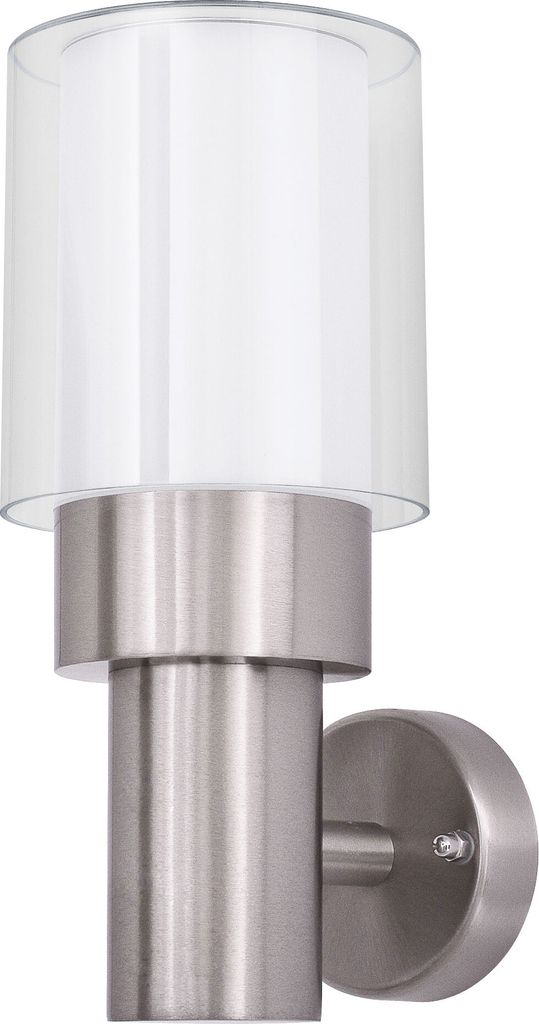 A modern outdoor wall light with a brushed metal base and a clear glass shade with a white diffuser inside.