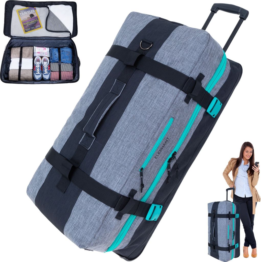 Trolley Koffer Reisetasche Elephant Travel XXL Trolly 120 Liter 80 cm Trolly Rolltasche Reisetrolley groß Gepäck Reise Tasche 13032 Grau Türkis