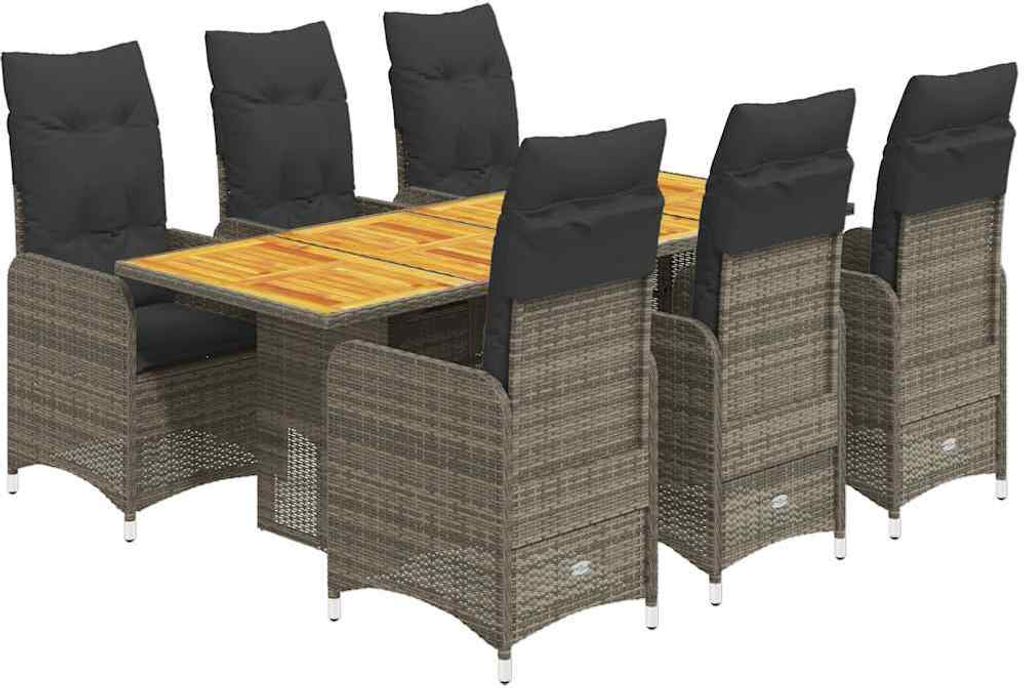 vidaXL 7-tlg. Garten-Bistro-Set mit Kissen Grau Poly Rattan