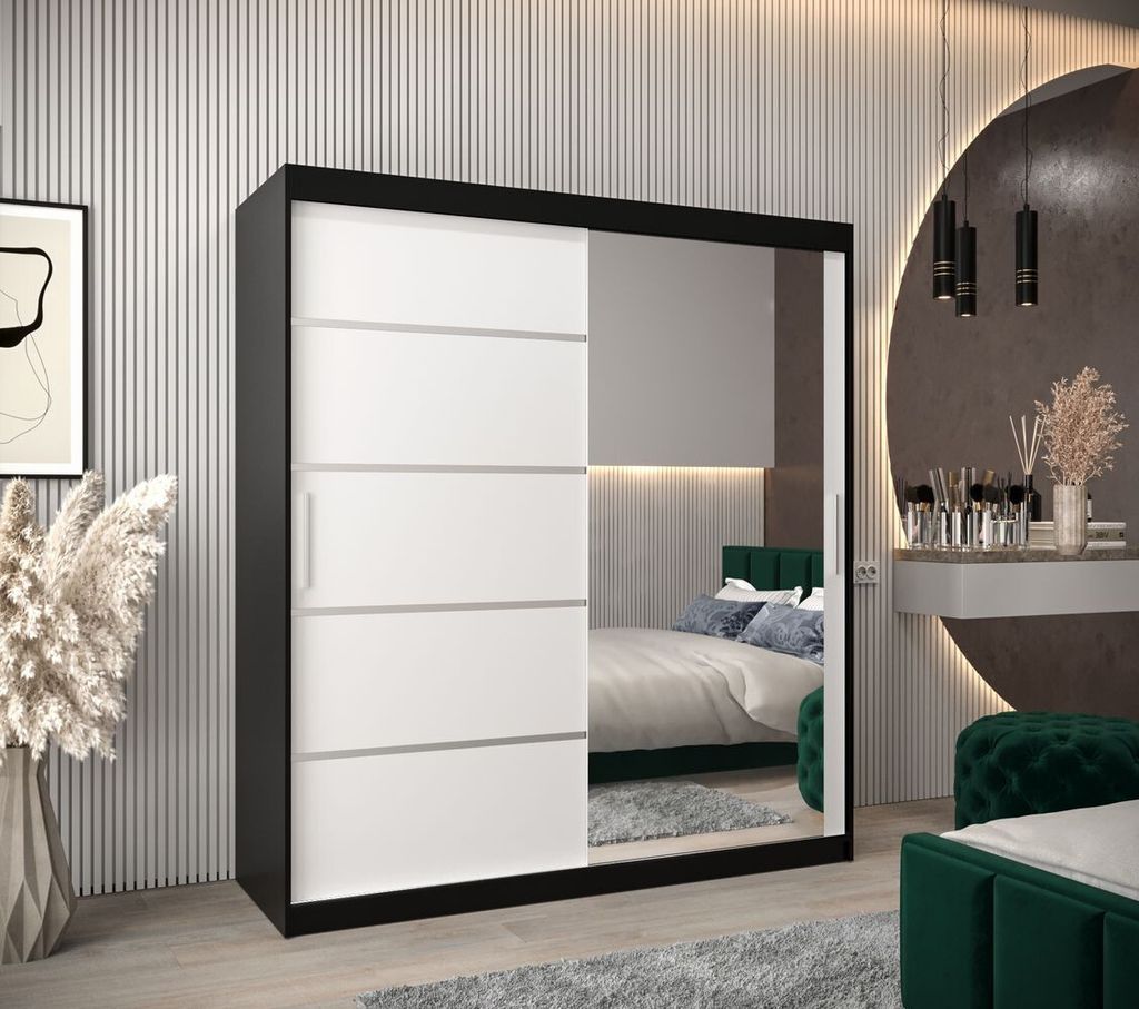Spiegel-Kleiderschrank ADELA – 180 cm, schwarz / weiß