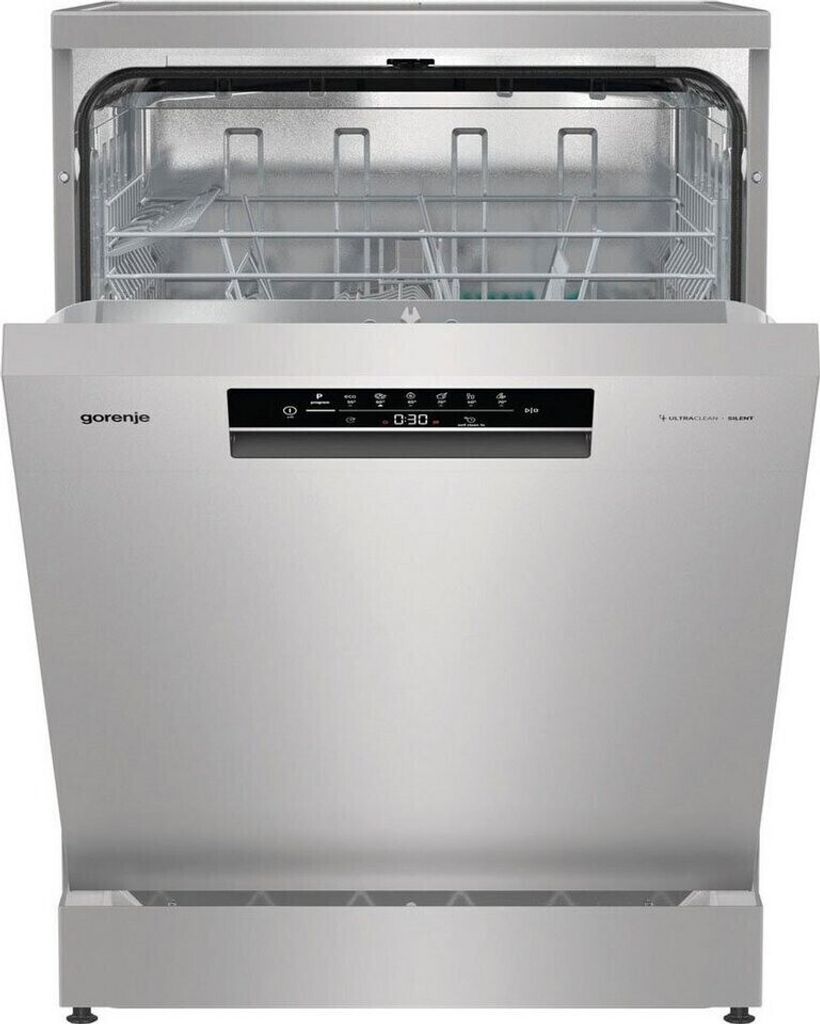 A front view of a silver Gorenje dishwasher with its door open.