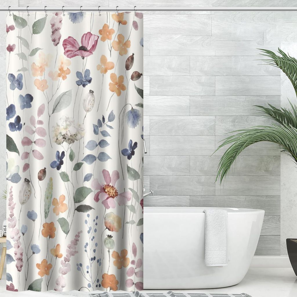 Duschvorhang mit Tintenblumenmuster, bunte Blumen, Duschvorhang fürs Badezimmer, wasserdichtes Duschvorhang-Set aus Stoff, Badezimmerdekoration mi...