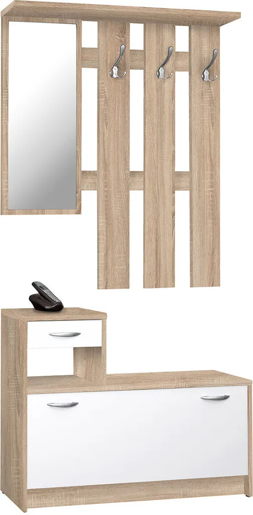 Meuble d'Entrée Complet Renton en Chêne Clair avec Miroir et Patères