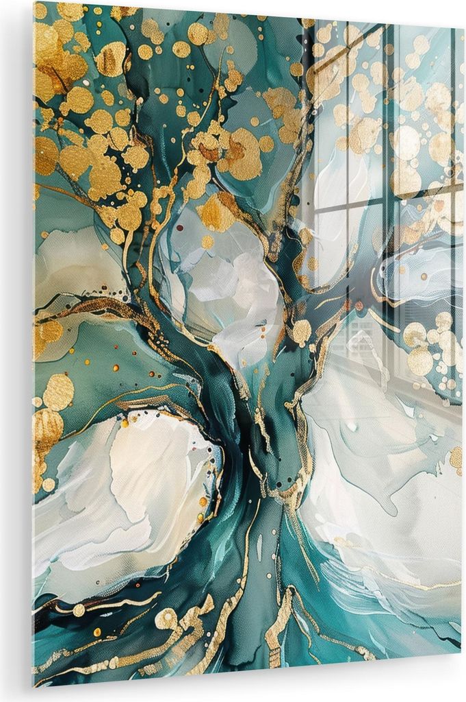 MuchoWow Glasbilder - Bilder auf Wandbild - Foto auf Glas Baum - Modern - - Türkis - Gold 60x80 cm Wanddekoration aus Glas - Acrylglasbild - Acry...