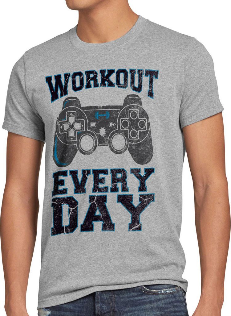 style3 Gamer Workout Herren T-Shirt play sport station controller ps game, Größe:4XL, Farbe:Grau meliert