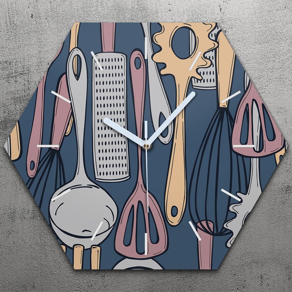 Uhr hexagonal 40 cm Glas Geräuschlos weiße Zeiger - Küchenutensilien