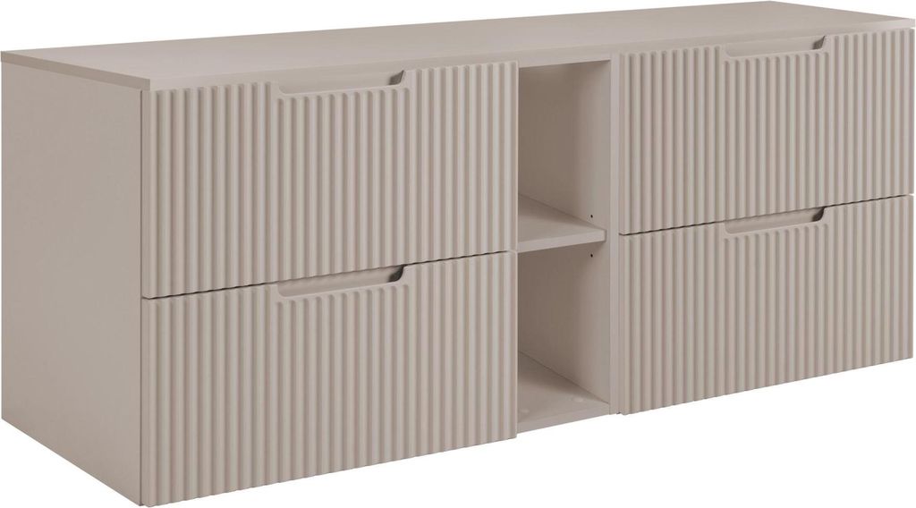 A beige bathroom cabinet with fluted fronts and open shelving.