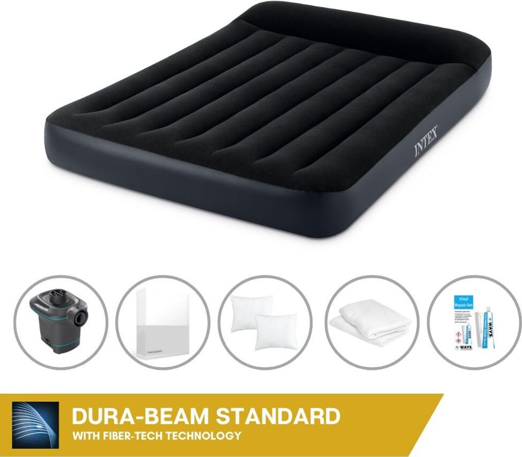 Intex Luftbett - 2 Personen - 137 x 191 x 25 cm - Schwarz + Intex Elektropumpe - 650 Liter/Min + Spannbettlaken Weiß + Kopfkissen + Molton 2 in 1 ...