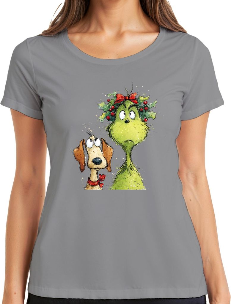 Weihnachtsgrinch Hund Stechpalme Lustig Weihnachten Geschenk Damen T-Shirt, Grau, L