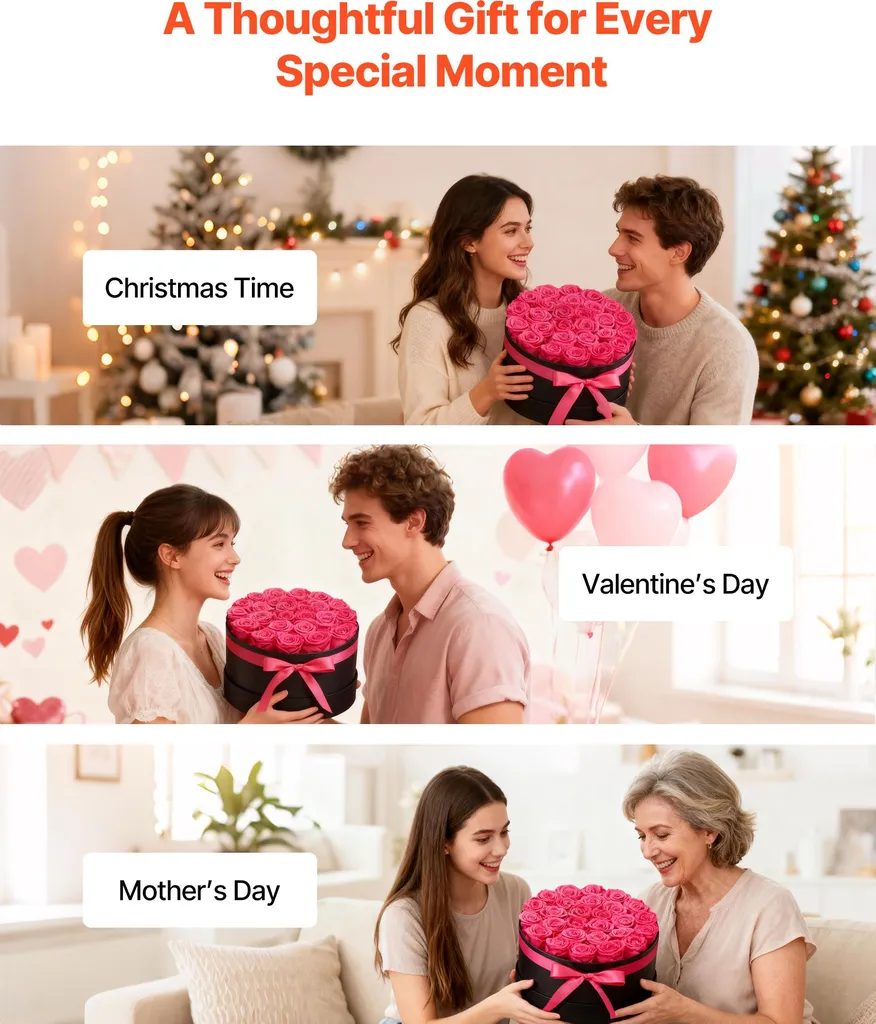 VEVOR 27 pz. Rose eterne in scatola rotonda, bouquet conservato, confezione regalo floreale per la moglie, la mamma, la compagna d'amore, per il matrimonio, la festa della mamma, San Valentino, Natale, Rosa rossa - 5