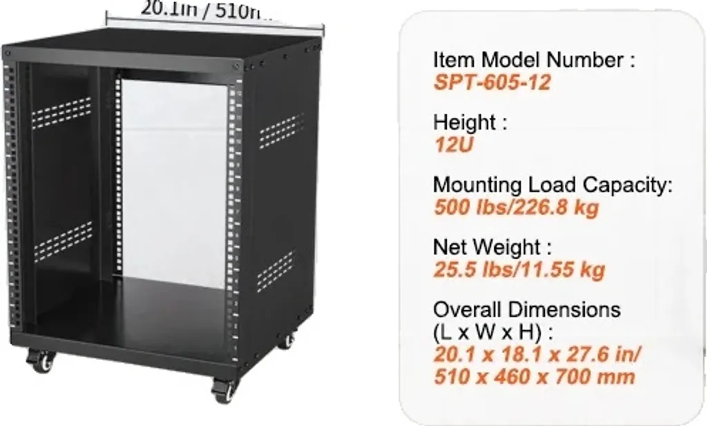 Meuble Rack AV 12U 225kg - Support Audio Vidéo Noir Métal LK-12X