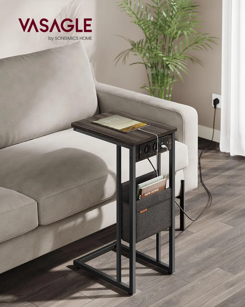 Table d'appoint C-Shape brun érable avec bloc de 2 prises de courant 220V
