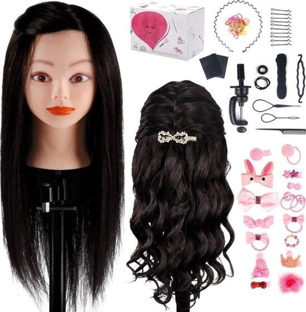 Tête malléable naturelle 45 cm pour formation coiffure avec kit tresses
