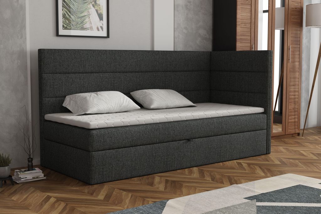 MR GROUP Boxspringbett LUGO 100x200cm rechts dunkelgrau Einzelbett Bett Stauraum Kinderbett Jugendbett Samtstoff, Polsterbett Matratze und Topper H3